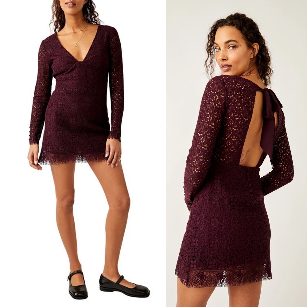 NWT Free People Honey Lace Long Sleeve Minidress Potent Purple